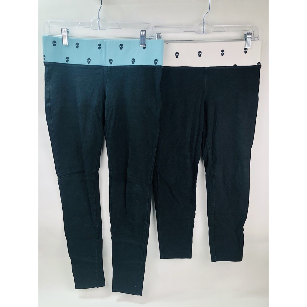 2x Express Women M Black Leggings Cotton Wide Skull Waistband Yoga Athletic Lot